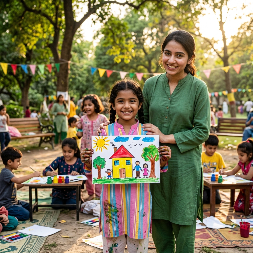 Child showing artwork proudly