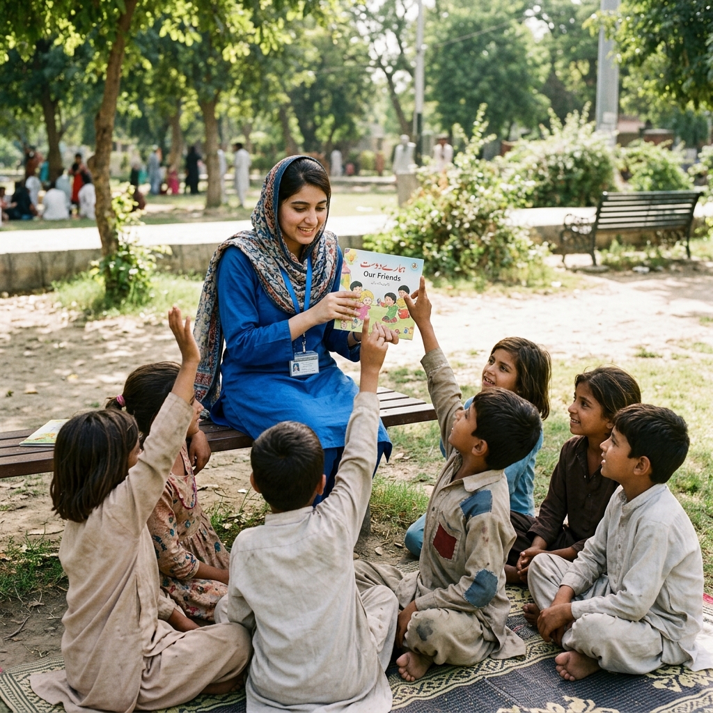 Volunteer teaching children outdoors