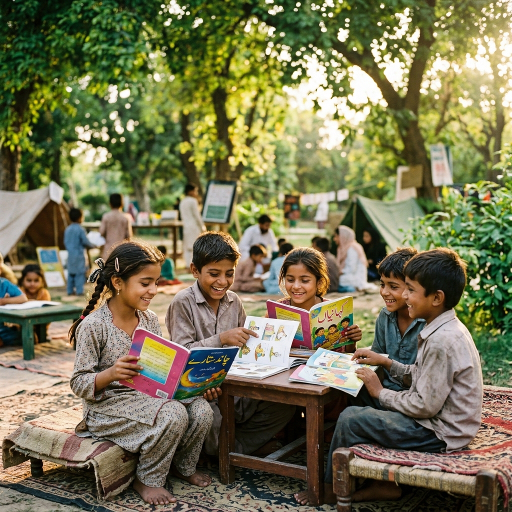 Children reading at SAWS open-air camp